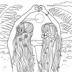Dibujo de Dos amigas formando un corazón en la playa para colorear