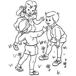 Dibujo de Niños jugando juntos en un prado con flores para colorear