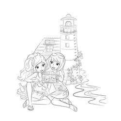 Dibujo de Dos amigas tomándose una selfie junto al faro para colorear