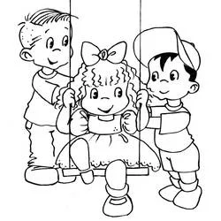 Dibujo de Amigos empujando a una niña en un columpio para colorear