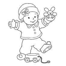 Dibujo de Bebé jugando con un muñeco conejo para colorear