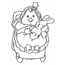 Dibujo de Bebé en cochecito con un peluche de conejo para colorear