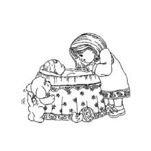 Dibujo de Bebé dormido en una cuna vigilado por una niña y un cachorro para colorear