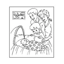 Dibujo de Familia cuidando al bebé en su moisés para colorear