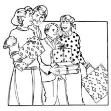 Dibujo de Familia sosteniendo regalos envueltos juntos para colorear