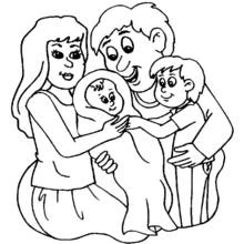 Dibujo de Familia reunida junto a un recién nacido para colorear
