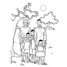 Dibujo de Familia de pie bajo las palmeras para colorear