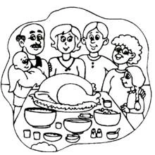 Dibujo de Familia reunida en una cena de Acción de Gracias para colorear