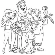 Dibujo de Maya y Miguel con su familia y un loro para colorear