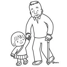 Dibujo de Abuelo paseando de la mano con su nieta para colorear