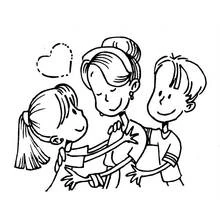 Dibujo de Mamá abrazada por sus dos hijos para colorear