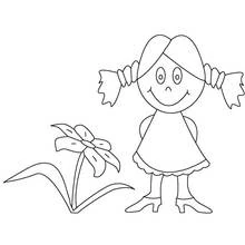 Dibujo de Niña sujetando sus coletas junto a una flor para colorear