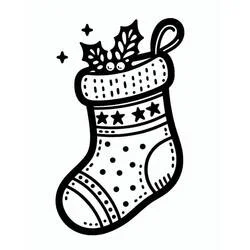 Dibujo de Calcetín de Navidad decorado con estrellas y acebo para colorear