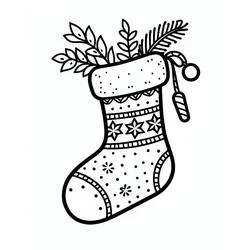 Dibujo de Calcetín de Navidad decorado con ramas y adornos para colorear
