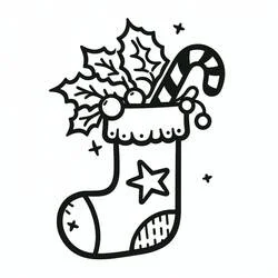 Dibujo de Calcetín de Navidad lleno de acebo y bastón de caramelo para colorear