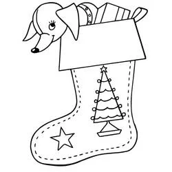 Dibujo de Calcetín de Navidad con perro y regalos para colorear