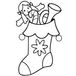 Dibujo de Calcetín navideño con muñeca y trompeta para colorear