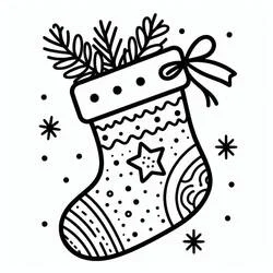 Dibujo de Calcetín de Navidad decorado con una estrella y ramas de pino para colorear