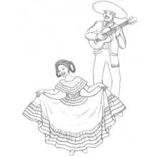 Dibujo de Mariachi tocando la guitarra y bailarina folclórica para colorear