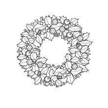 Dibujo de Corona de Navidad con acebo y bayas para colorear
