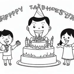 Dibujo de Cumpleaños de Papá celebrado con los niños y un pastel para colorear Dibujo de Cumpleaños de Papá celebrado con los niños y un pastel para colorear