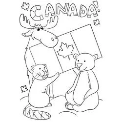 Dibujo de Alce, castor y oso sosteniendo una bandera de Canadá para colorear Dibujo de Alce, castor y oso sosteniendo una bandera de Canadá para colorear