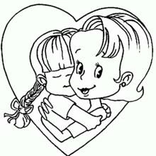 Dibujo de Madre e hija abrazándose dentro de un corazón para colorear