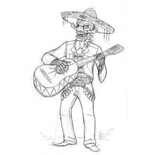 Dibujo de Esqueleto mariachi tocando la guitarra para colorear