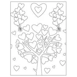 Dibujo de Árbol del Día de San Valentín con hojas y globos en forma de corazón para colorear