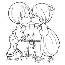 Dibujo de Niño y niña besándose junto a una valla para colorear
