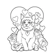 Dibujo de Gato sentado entre corazones y rosas para colorear