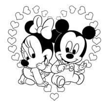 Dibujo de Bebés Mickey y Minnie rodeados de corazones para colorear