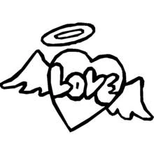 Dibujo de Corazón alado con aureola y la palabra Love para colorear