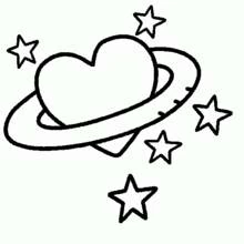 Dibujo de Planeta con forma de corazón, anillos y estrellas para colorear