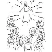 Dibujo de Jesús rodeado de santos con aureola para colorear