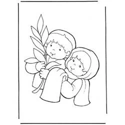 Dibujo de Domingo de Ramos niños con ramos de palma para colorear