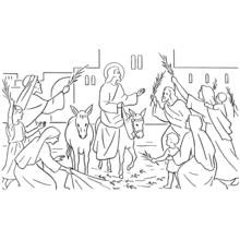 Dibujo de Jesús entrando en Jerusalén sobre un asno para colorear