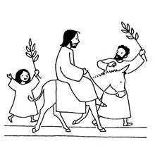 Dibujo de Jesús en asno con palmas y un niño para colorear