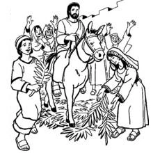 Dibujo de Multitud con palmas bajo Jesús en el asno para colorear