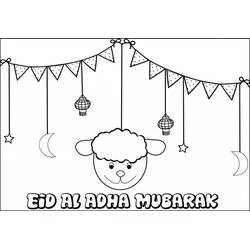 Dibujo de Eid Mubarak con oveja y decoraciones festivas para colorear Dibujo de Eid Mubarak con oveja y decoraciones festivas para colorear