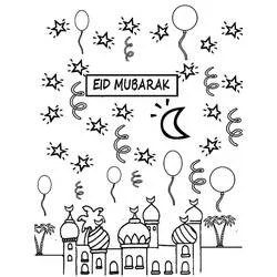 Dibujo de Eid Mubarak paisaje de mezquitas con globos y estrellas para colorear Dibujo de Eid Mubarak paisaje de mezquitas con globos y estrellas para colorear