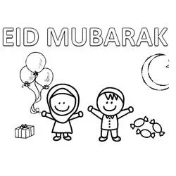 Dibujo de Eid Mubarak niños celebrando con globos para colorear Dibujo de Eid Mubarak niños celebrando con globos para colorear