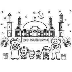 Dibujo de Eid Mubarak familia frente a la mezquita para colorear Dibujo de Eid Mubarak familia frente a la mezquita para colorear