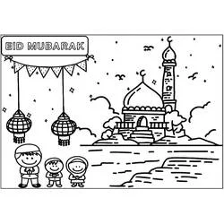 Dibujo de Eid Mubarak escena familiar frente a una mezquita para colorear Dibujo de Eid Mubarak escena familiar frente a una mezquita para colorear