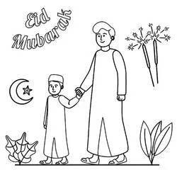 Dibujo de Padre e hijo celebrando Eid Mubarak para colorear Dibujo de Padre e hijo celebrando Eid Mubarak para colorear