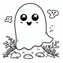 Dibujo de Fantasma de Halloween tierno entre plantas para colorear