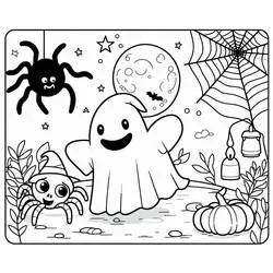 Dibujo de Fantasma de Halloween con arañas y calabaza para colorear