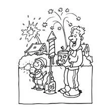 Dibujo de Padre e hijo encendiendo fuegos artificiales para colorear