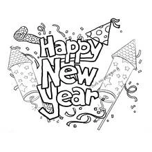 Dibujo de Feliz Año Nuevo con fuegos artificiales y confeti para colorear