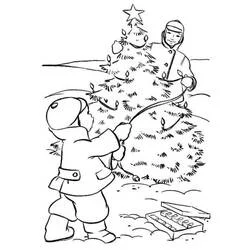 Dibujo de Guirnalda de Navidad con niños decorando un árbol para colorear